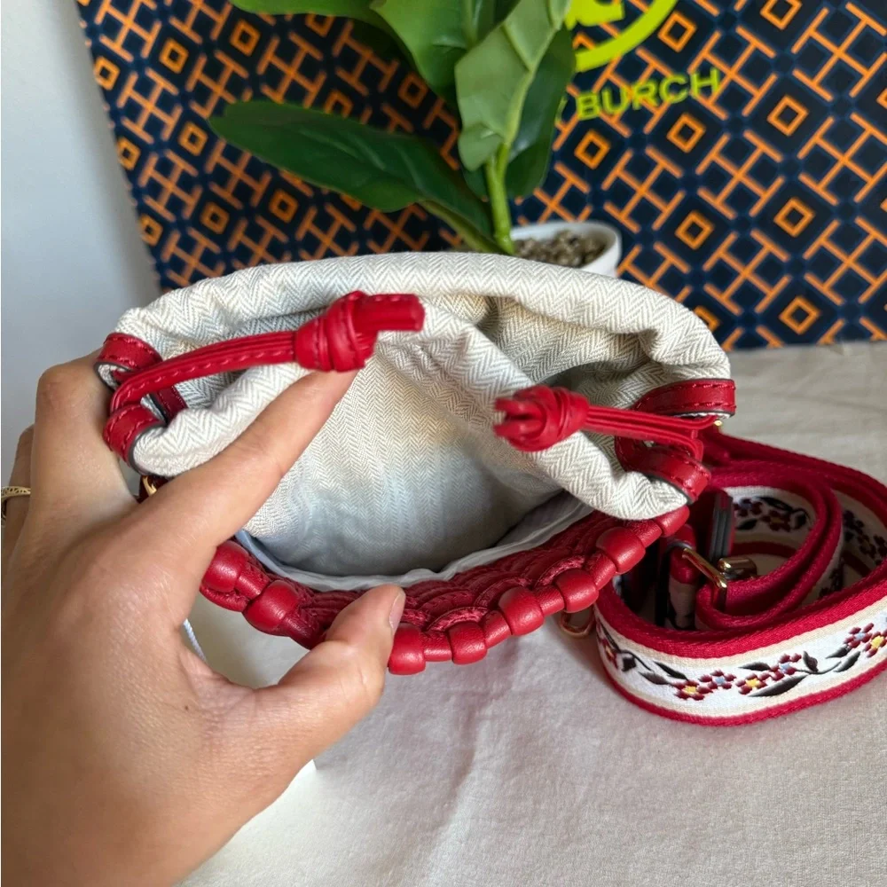 NWT Emerson Warm Red Woven mini Bucket Bag with Embroidered Strap